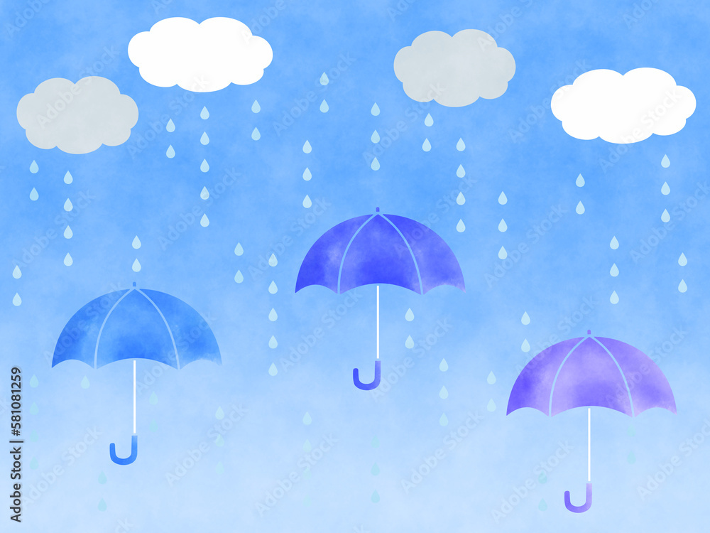 Cloudy sky clouds and rainy season rain drops and a blue watercolor umbrella Cloudy sky clouds and rainy season rain drops and a blue watercolor umbrella