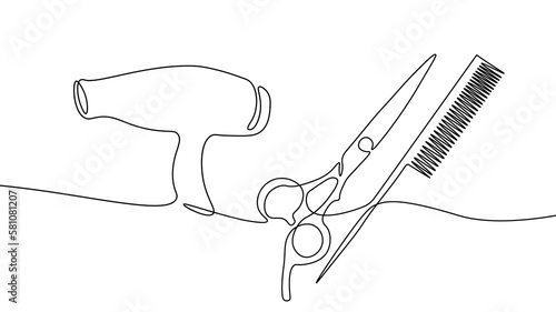 One line continuous scissors hairdresser symbol concept. Silhouette hair design image style technology icon. Digital white single line sketch drawing vector illustration