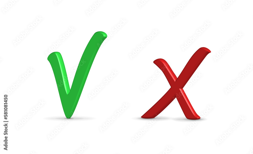 Obraz premium 3d realistic vector icon illustration. Check and x. Isolated on white background.