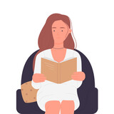 Girl in armchair reading book. Cozy position for reading, book lover activity vector illustration