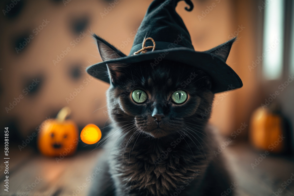 cute black cat with a witch hat, generative ai cute black cat with a witch hat, generative ai