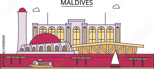 Maldives tourism landmarks, vector city travel illustration
