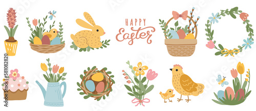 Happy Easter collection of cute illustrations, baskets with eggs, flowers, butterflies and chickens. Set of flat easter symbols