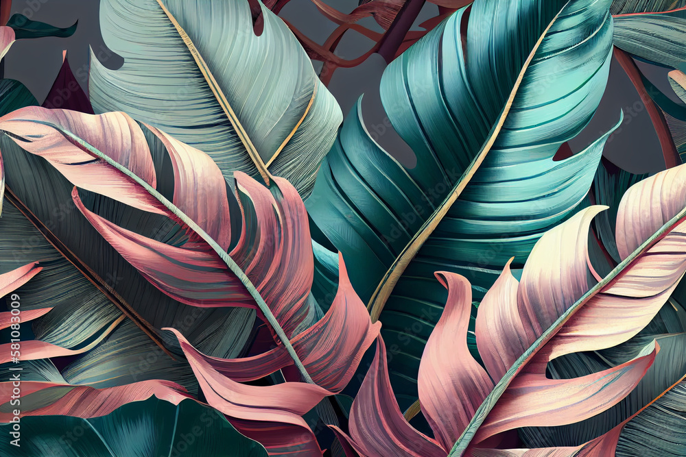 Tropical luxury exotic seamless pattern. Pastel colorful banana leaves, palm. Hand-drawn vintage 3D illustration. generative ai Tropical luxury exotic seamless pattern. Pastel colorful banana leaves, palm. Hand-drawn vintage 3D illustration. generative ai
