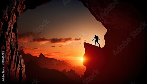 Silhouette of a man climbing a rock at sunset. Adrenaline, power, ambitions. Generative AI 