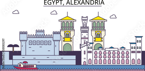 Egypt, Alexandria tourism landmarks, vector city travel illustration