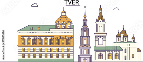 Russia, Tver tourism landmarks, vector city travel illustration