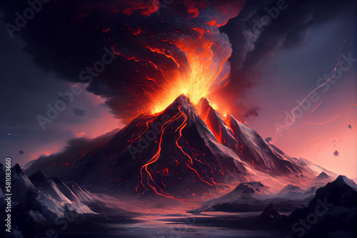 volcano eruption, lava coming down a mountain. generative ai