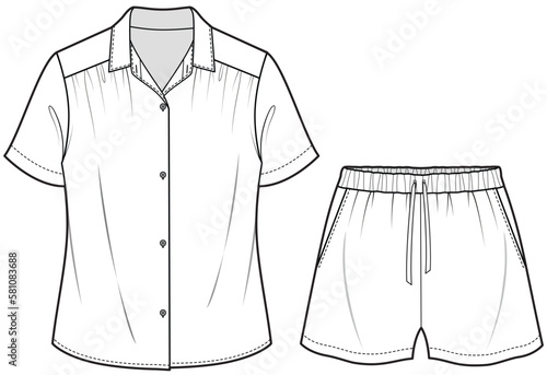 womens short sleeve pajama shirt and drawstring elastic waist shorts sleepwear set flat sketch vector illustration technical cad drawing template