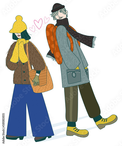 Young man looking at young woman in the street. Love at first sight. Love concept. Vector illustration isolated on white background.