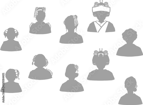 着物和装のアイコン各世代イラストセット　グレー