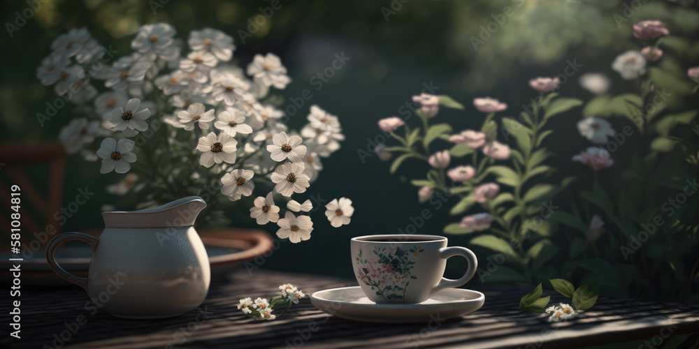 a cup of coffee on a table in a beautiful lush spring garden, generative ai a cup of coffee on a table in a beautiful lush spring garden, generative ai