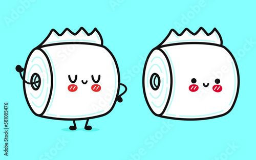 Cute funny toilet paper waving hand. Vector hand drawn cartoon kawaii character illustration icon. Isolated on blue background. Toilet paper character concept