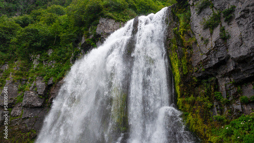 Russia  Kamchatka. A full-flowing mountain waterfall near Tolbachik volcano.
