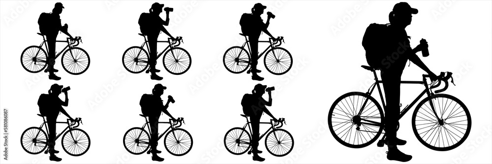 Obraz premium Big set of silhouettes of women cyclists. A girl stands near the bike and holds a bottle of drink in her hand. Tourist in a cap with a backpack. Side view. Black color silhouette on white background