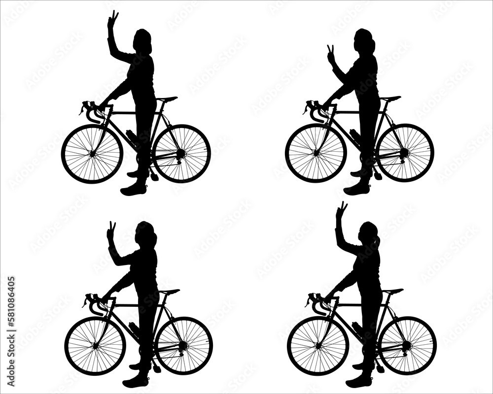 Obraz premium Big set of silhouettes of women cyclists. The girl stands near the bike and holds on to the steering wheel. A woman shows a