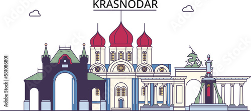 Russia, Krasnodar tourism landmarks, vector city travel illustration