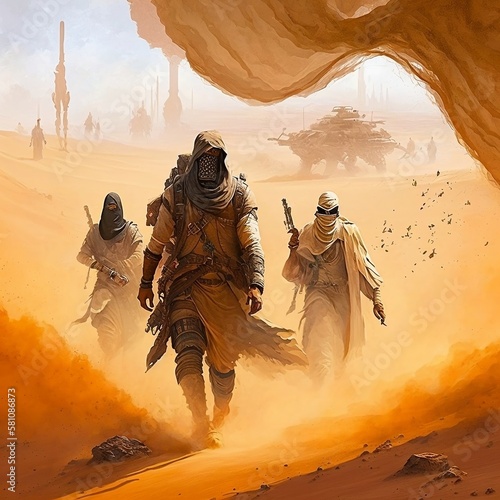 Fotótapéta A group of adventurers journeying through a treacherous desert, with sandstorms