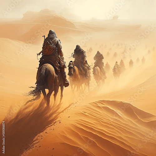 Fényképezés A group of adventurers journeying through a treacherous desert, with sandstorms