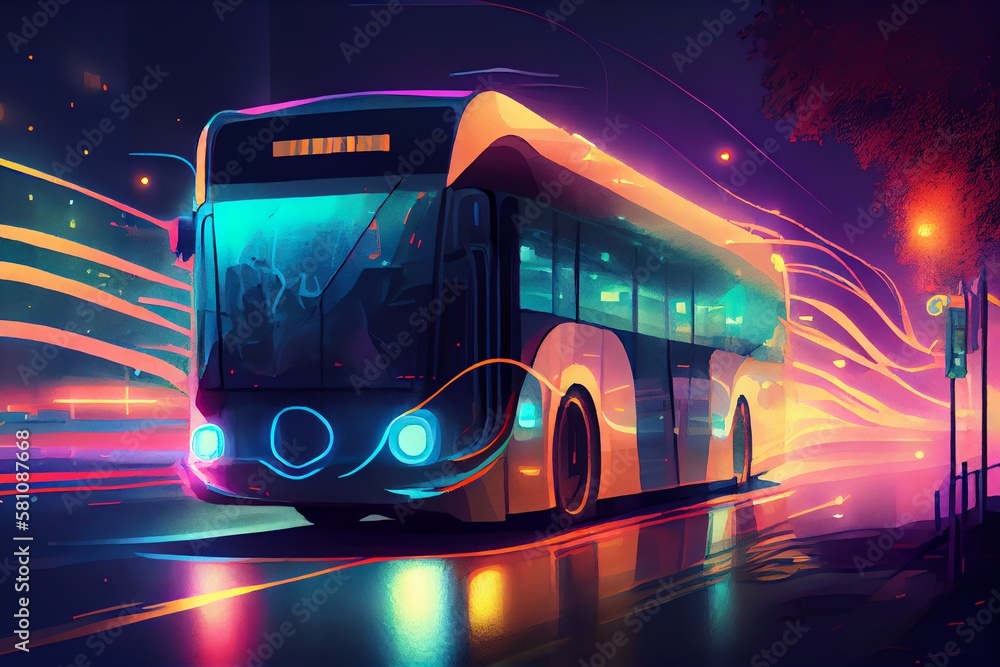 Watercolor Illustration of a A Futuristic Autonomous Bus With A Striking Neon Light Design Driving Through A City Street At Night. Generative AI