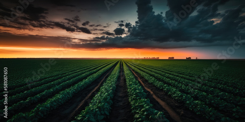 agricultural fields at sunset with dramatic clouds, generative ai © fotogestoeber