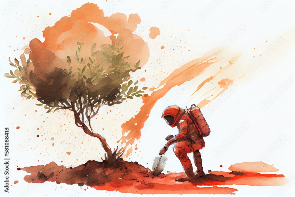 Watercolor Illustration of a Astronaut Plants A Tree On The Red Planet Mars. Generative AI