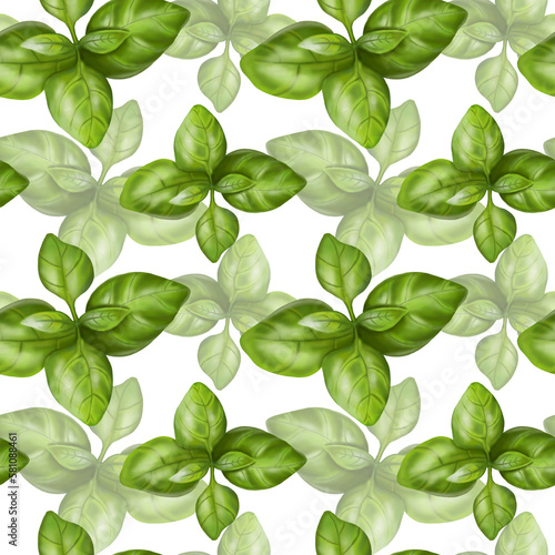 Seamless pattern with green basil leaves. Background for textiles, fabrics, banners, wrapping paper and other designs