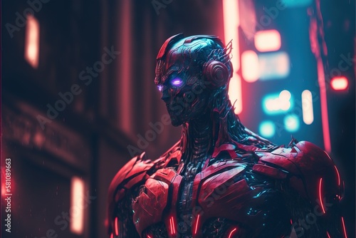 Unique robots in neon lighting in cyberpunk style AI