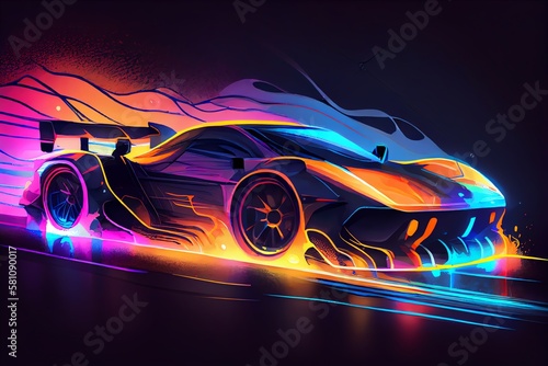 Watercolor Illustration of a Futuristic Super Car On Neon Highway. Powerful Acceleration Of A Supercar On A Night Track With Colorful Neon Lights And Trails. Generative AI