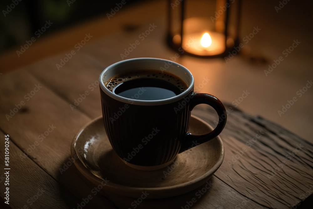 Fototapeta premium A cup of hot black coffee on a wooden table, in a vintage atmosphere. Created with Generative AI Technology