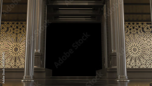 3D render of dark entrance hall between black columns and golden arabesque style