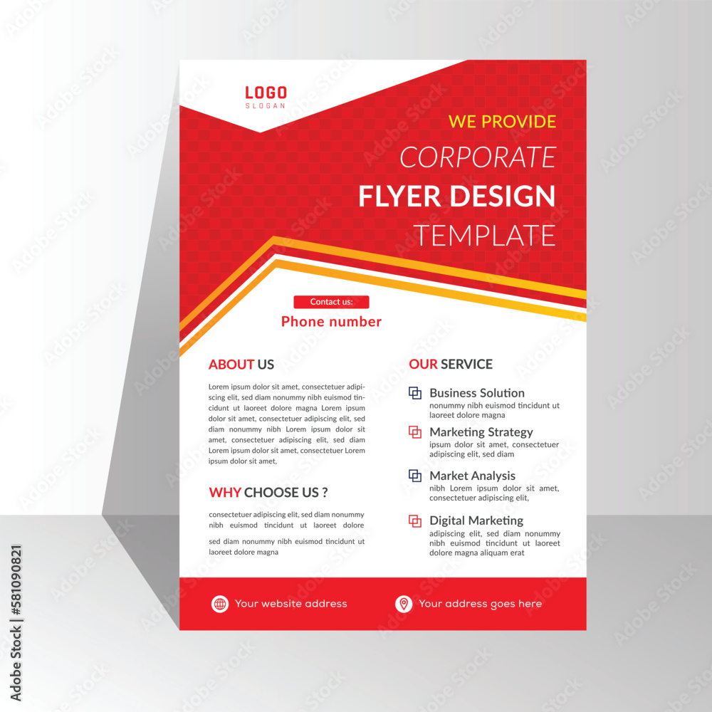 Modern abstract flyer A4 page for digital agency, attractive red color flyer design template, flyer design vector template, space for photo background, vector illustration
