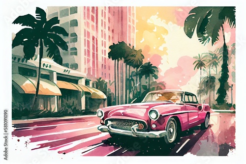 Watercolor Illustration of a Luxury Pink And Gold Retro Vintage Car On The Streets Of Miami,. Generative AI