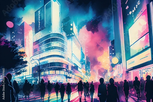Watercolor Illustration of a Neon Night City Shibuya Crossing In Tokyo. Generative AI photo