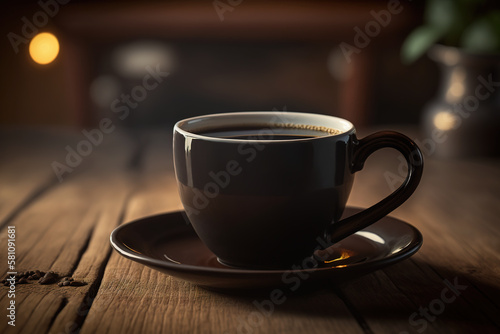 A cup of hot black coffee on a wooden table, in a vintage atmosphere. Created with Generative AI Technology