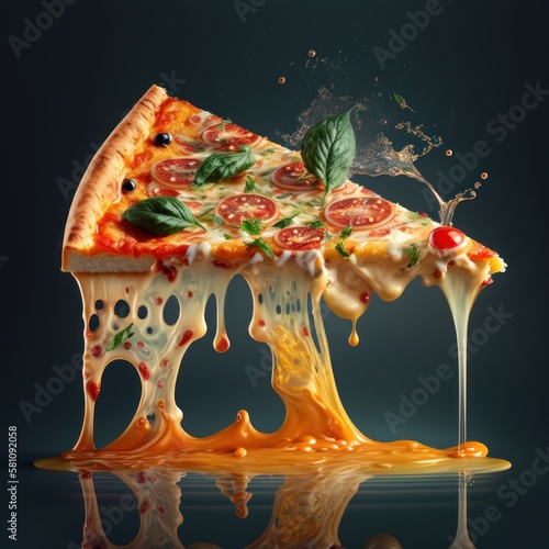 hot slice of pizza with melted cheese and pepperoni, floating in explosion flavor, GENERATIVE AI