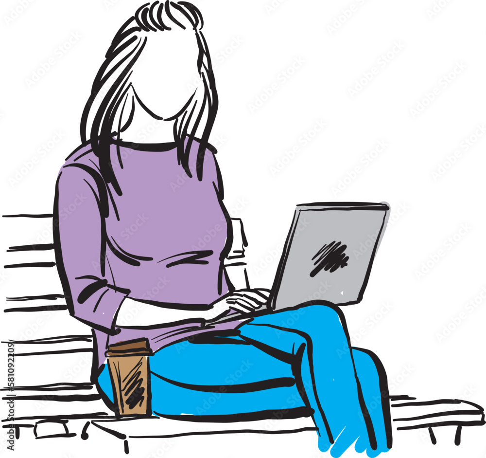 pretty woman working with laptop and drinking coffee sitting in bench park vector illustration pretty woman working with laptop and drinking coffee sitting in bench park vector illustration