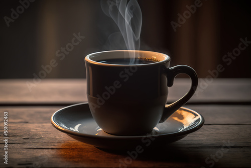 A cup of hot black coffee on a wooden table, in a vintage atmosphere. Created with Generative AI Technology