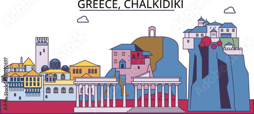 Greece, Chalkidiki tourism landmarks, vector city travel illustration