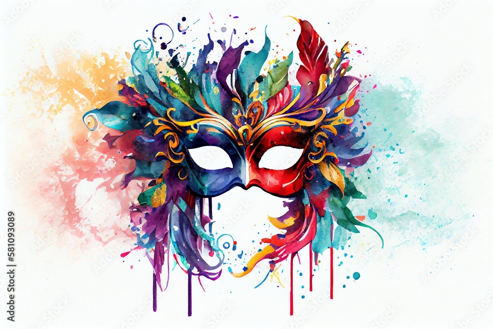 Watercolor Illustration of a Venetian Mask Carnival Colorful Splash Art Masquerade Mardi Gars Banner Copy Space On White Illustration. Generative AI