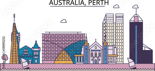 Australia, Perth tourism landmarks, vector city travel illustration