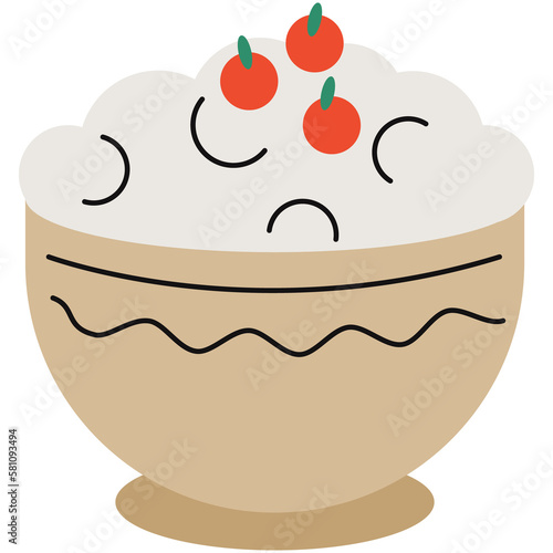 Cottage cheese or porridge with berries icon in a flat cartoon style