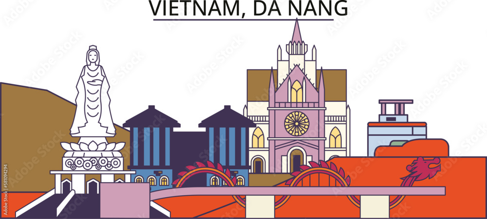 Vietnam, Da Nang tourism landmarks, vector city travel illustration