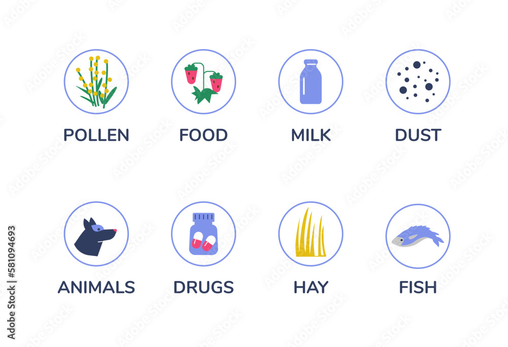 Set of allergens icons, flat vector illustration isolated on white background.