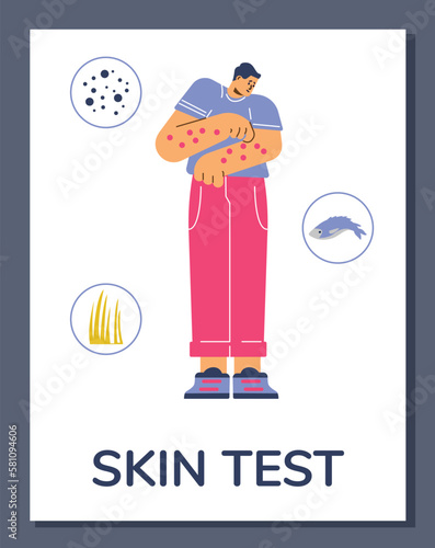 Man suffering from allergy, medical poster template, flat vector illustration.