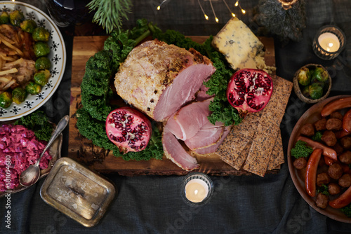 Christmas food and decoration on table photo