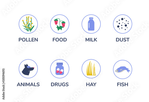 Set of allergens icons, flat vector illustration isolated on white background.
