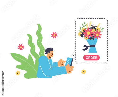 Flower delivery online order, flat vector illustration isolated on white background.
