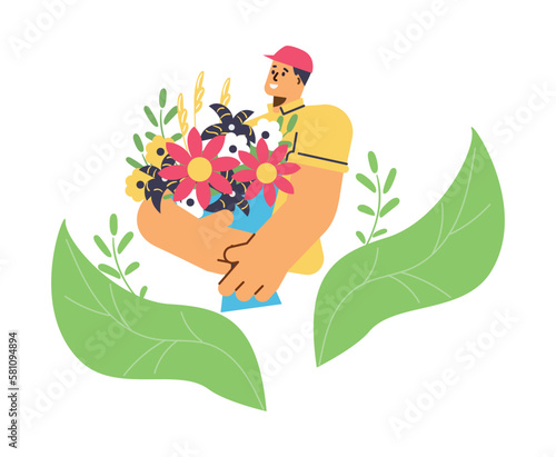 Man holding flower bouquet, flower delivery concept - flat vector illustration isolated on white background.