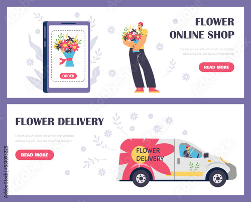 Flower online shop advertising web banners set, flat vector illustration.